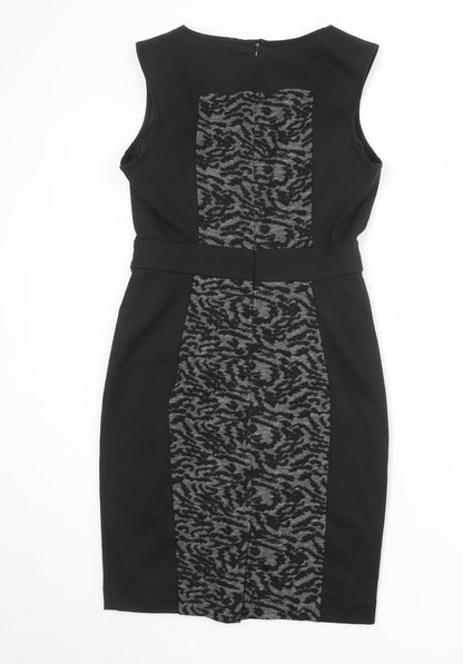 NEXT Womens Black Geometric Polyester Shift Size 8 Round Neck Zip