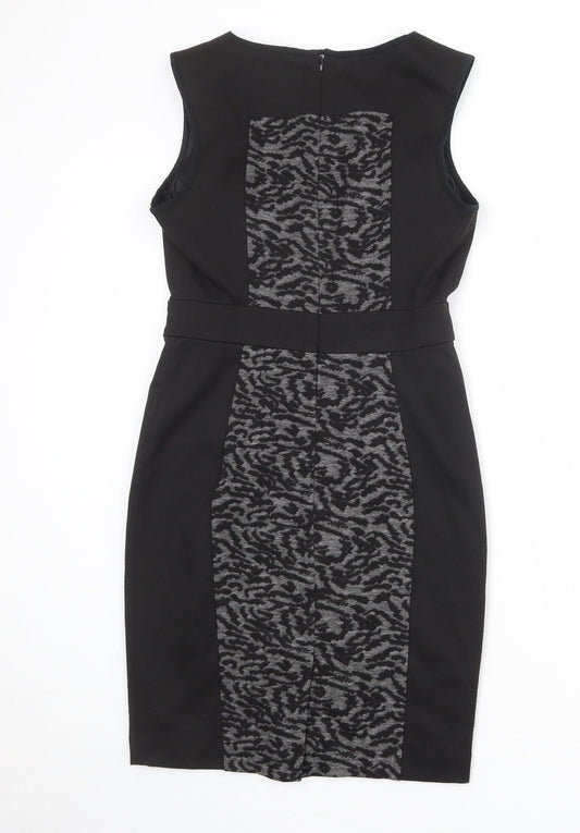 NEXT Womens Black Geometric Polyester Shift Size 8 Round Neck Zip