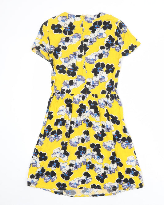River Island Womens Yellow Floral Viscose A-Line Size 6 Round Neck Zip
