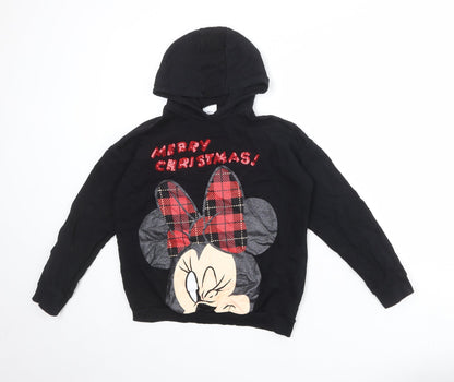 Disney Girls Black Cotton Pullover Hoodie Size 9-10 Years Pullover - Minnie Mouse Christmas