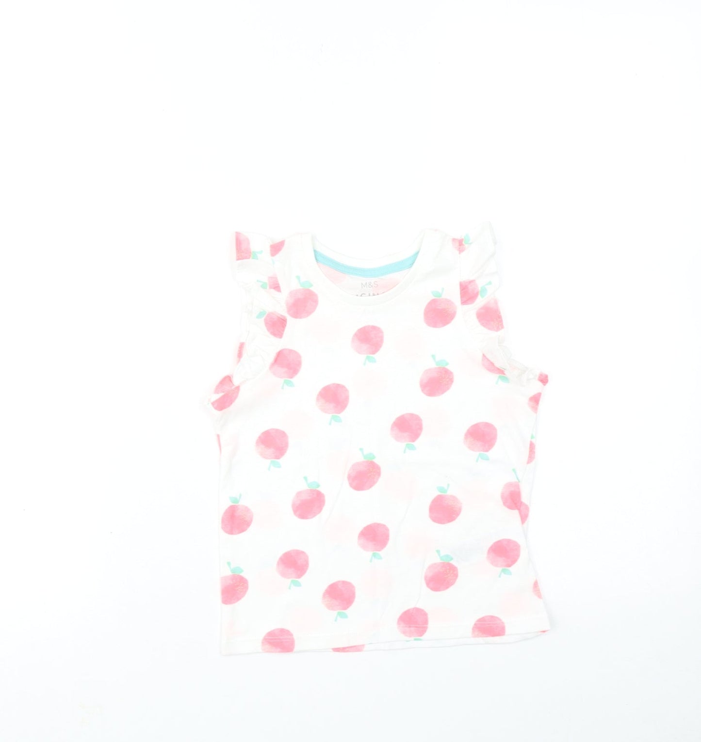 Marks and Spencer Girls Blue Geometric Cotton Basic Tank Size 3-4 Years Round Neck Pullover - Peach Print