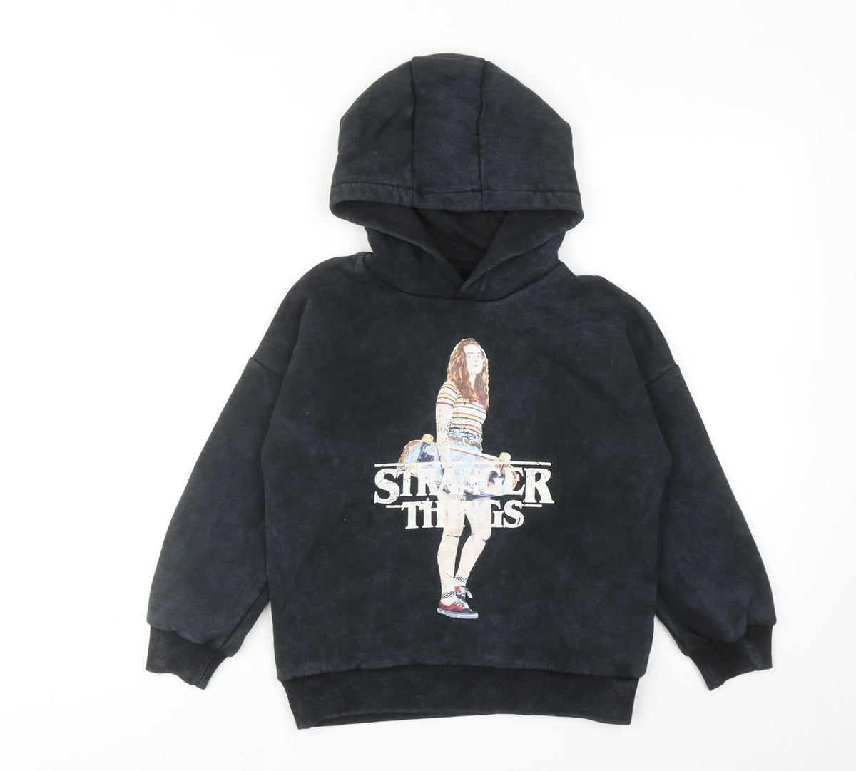 Front view of Stranger Things boys’ black cotton pullover hoodie, size 7-8, years pullover
