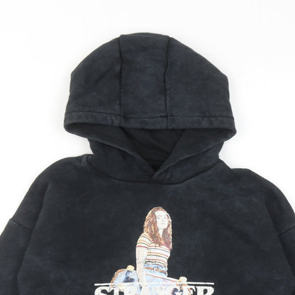 Close-up detail of Stranger Things boys’ black cotton pullover hoodie, size 7-8, years pullover