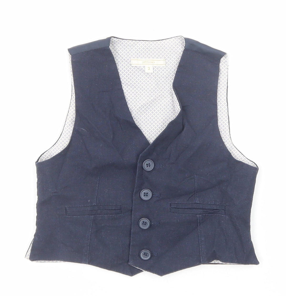 Additional front view of John Lewis boys’ blue jacket waistcoat, size 2, years button