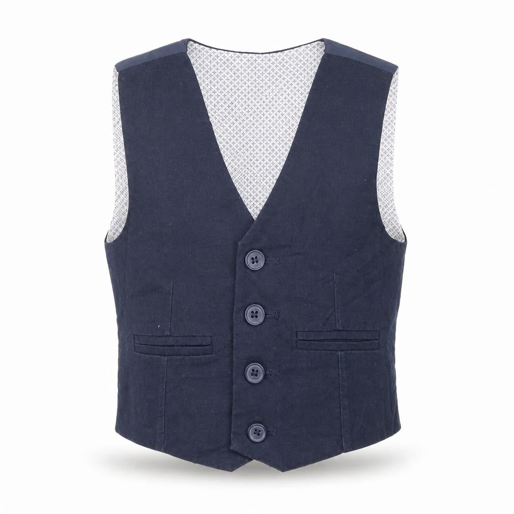 Front view of John Lewis boys’ blue jacket waistcoat, size 2, years button
