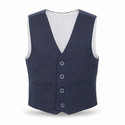 Front view of John Lewis boys’ blue jacket waistcoat, size 2, years button