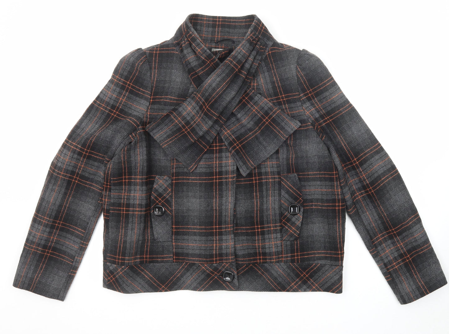 Be Beau Womens Grey Plaid Jacket Size 18 Button - Scarf Neck Detail