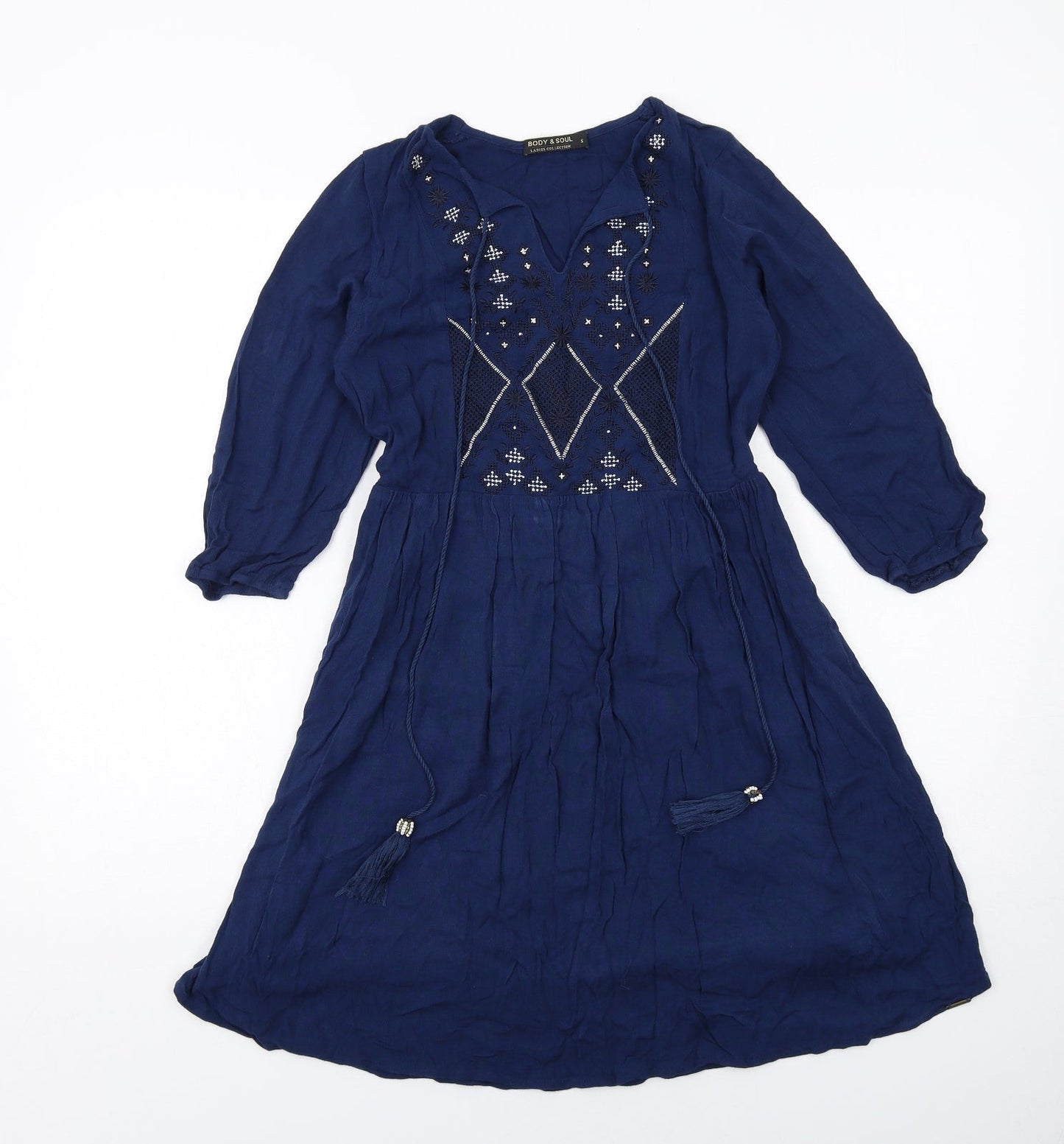 Body & Soul Womens Blue Geometric Viscose A-Line Size S V-Neck Pullover