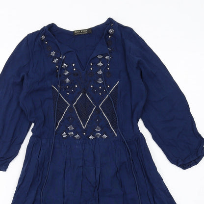 Body & Soul Womens Blue Geometric Viscose A-Line Size S V-Neck Pullover