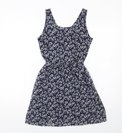 H&M Womens Blue Floral Polyester A-Line Size 10 Round Neck Pullover