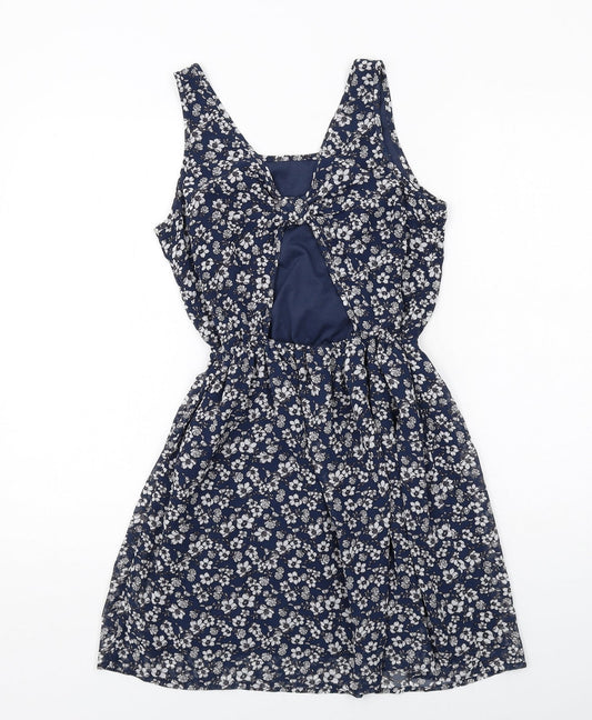 H&M Womens Blue Floral Polyester A-Line Size 10 Round Neck Pullover
