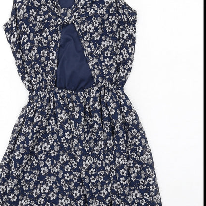 H&M Womens Blue Floral Polyester A-Line Size 10 Round Neck Pullover