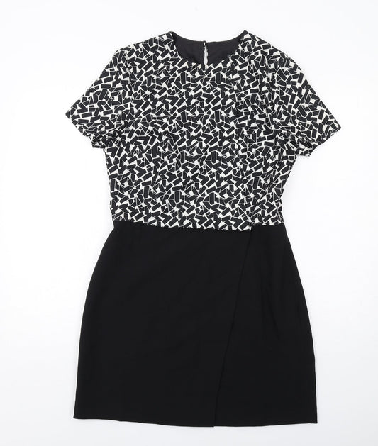New Look Womens Black Geometric Polyester Shift Size 12 Round Neck Zip