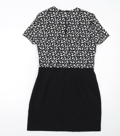New Look Womens Black Geometric Polyester Shift Size 12 Round Neck Zip
