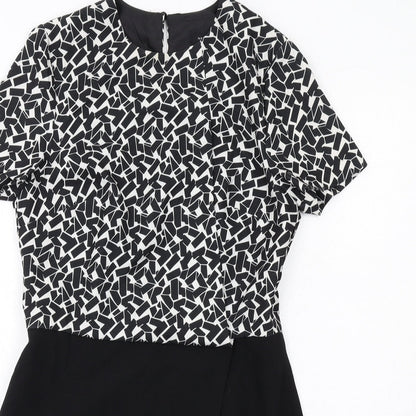 New Look Womens Black Geometric Polyester Shift Size 12 Round Neck Zip