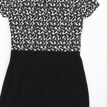 New Look Womens Black Geometric Polyester Shift Size 12 Round Neck Zip
