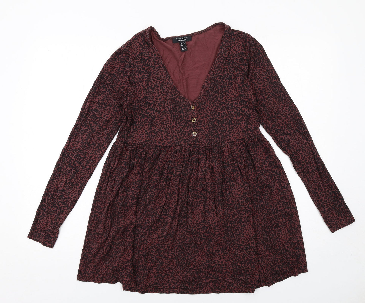 New Look Womens Red Animal Print Viscose Tunic Blouse Size 10 V-Neck - Leopard Print