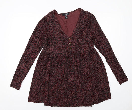 New Look Womens Red Animal Print Viscose Tunic Blouse Size 10 V-Neck - Leopard Print