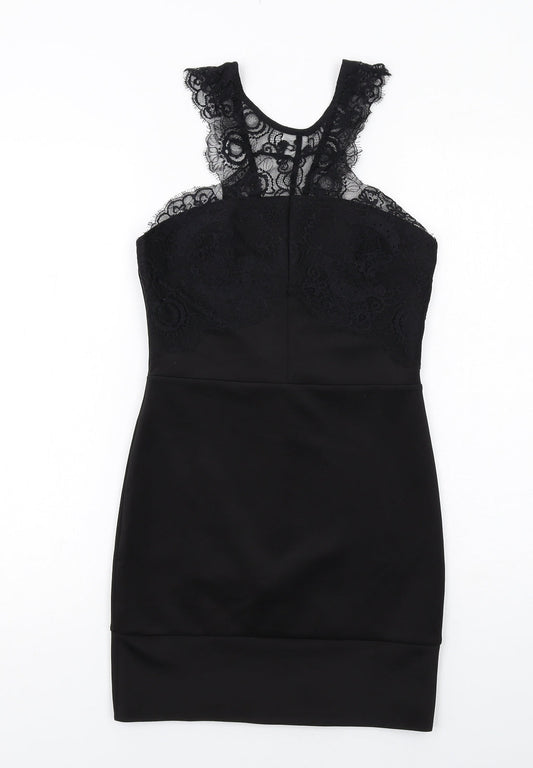 Topshop Womens Black Polyester Bodycon Size 8 Round Neck Zip
