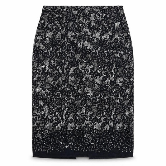 Front view of Savoir women’s black floral polyester straight & pencil skirt, size UK 42, in zip