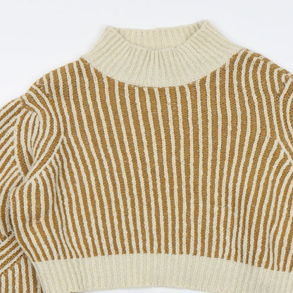 NA-KD Womens Beige High Neck Striped Acrylic Pullover Jumper Size XS