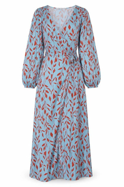 In the Style Womens Blue Geometric Polyester Wrap Dress Size 4 V-Neck Tie - Leaf pattern