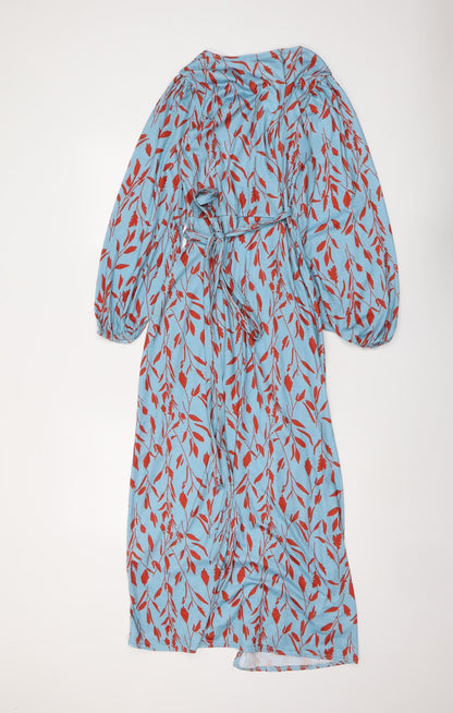 In the Style Womens Blue Geometric Polyester Wrap Dress Size 4 V-Neck Tie - Leaf pattern