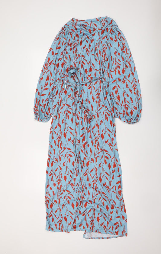 In the Style Womens Blue Geometric Polyester Wrap Dress Size 4 V-Neck Tie - Leaf pattern