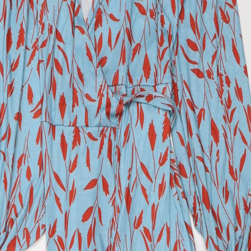 In the Style Womens Blue Geometric Polyester Wrap Dress Size 4 V-Neck Tie - Leaf pattern