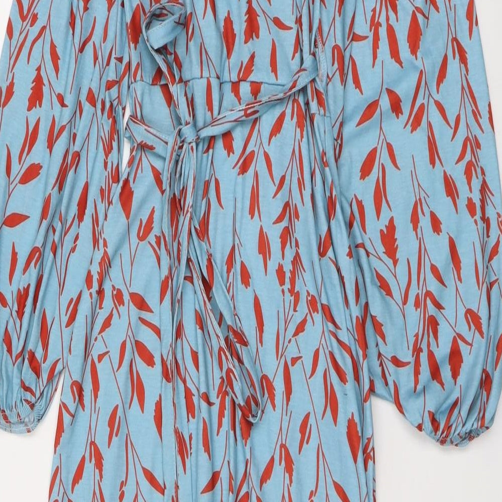 In the Style Womens Blue Geometric Polyester Wrap Dress Size 4 V-Neck Tie - Leaf pattern