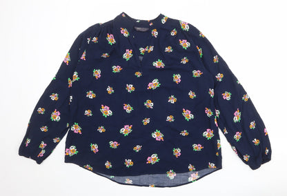 Marks and Spencer Womens Blue Floral Viscose Basic Blouse Size 10 V-Neck