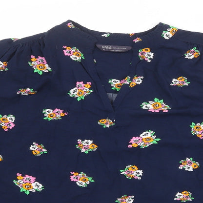Marks and Spencer Womens Blue Floral Viscose Basic Blouse Size 10 V-Neck