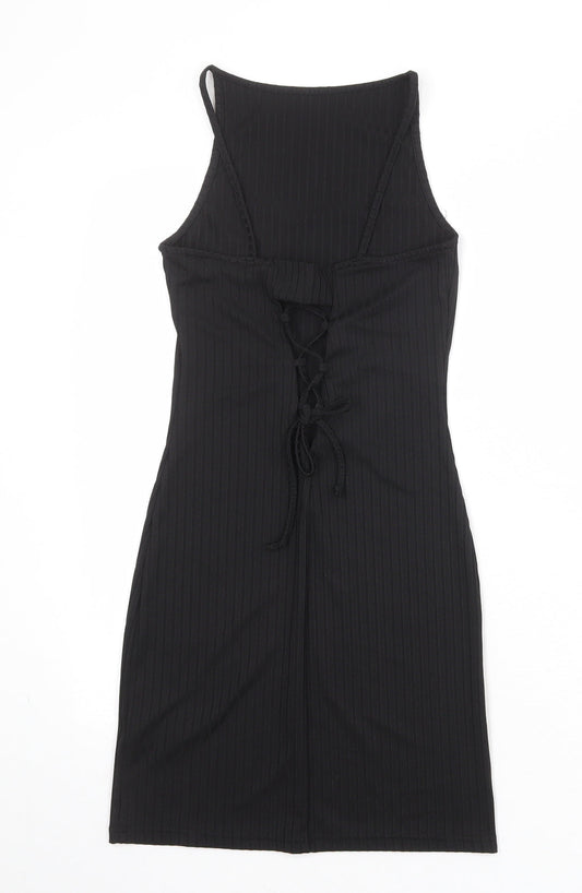 River Island Womens Black Polyester Bodycon Size 6 Boat Neck Lace Up
