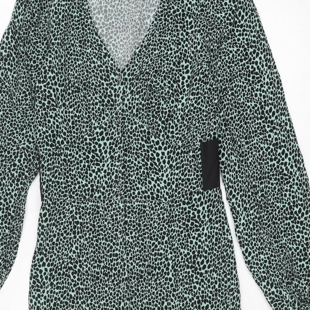Miss Selfridge Womens Blue Animal Print Viscose A-Line Size 6 V-Neck Button - Cheetah pattern