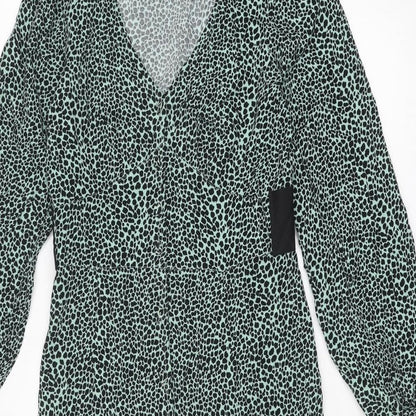 Miss Selfridge Womens Blue Animal Print Viscose A-Line Size 6 V-Neck Button - Cheetah pattern