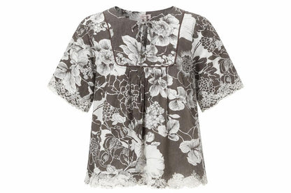 Phase Eight Womens Grey Floral Cotton Basic Blouse Size 10 Boat Neck