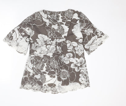 Phase Eight Womens Grey Floral Cotton Basic Blouse Size 10 Boat Neck