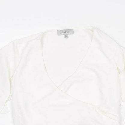 Coast Womens White Polyester Basic Blouse Size 8 V-Neck - Tie Back