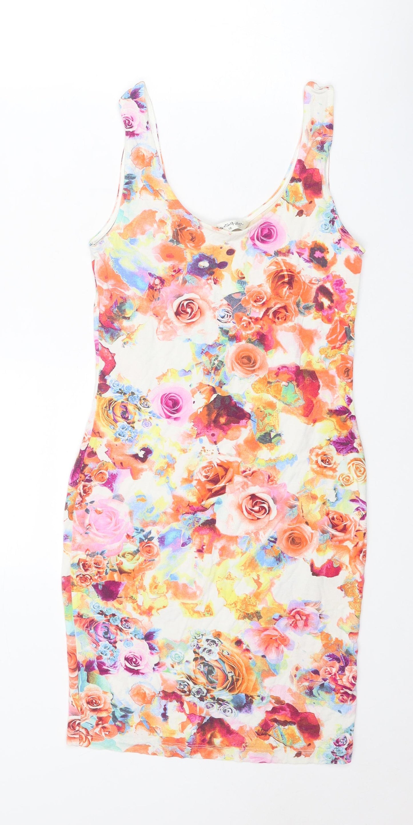 Miss Selfridge Womens Multicoloured Floral Viscose Bodycon Size 10 Scoop Neck Pullover