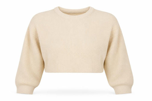 Front view of Missguided women’s beige round neck acrylic jumper, size S, -, size S-m cropped