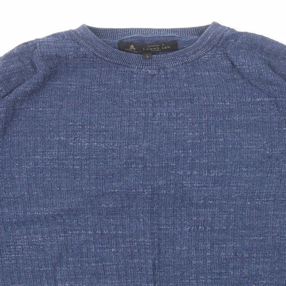 Label Lab Mens Blue Round Neck Cotton Pullover Jumper Size L Long Sleeve