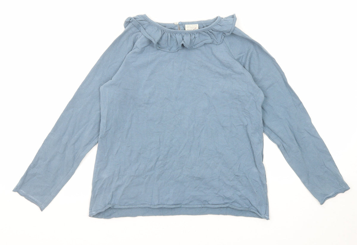 Additional front view of Zara girls’ blue polyester basic t-shirt, size 8, years round neck button
