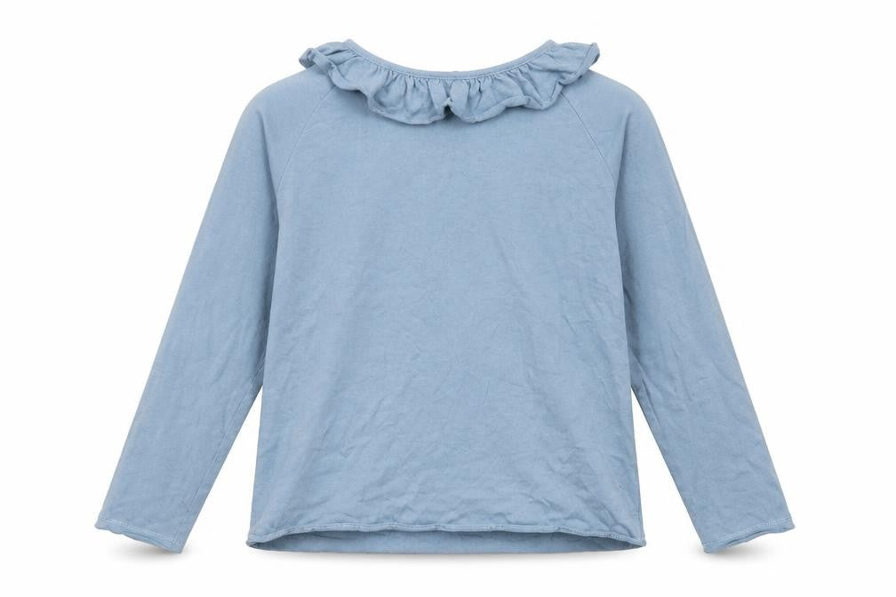 Front view of Zara girls’ blue polyester basic t-shirt, size 8, years round neck button