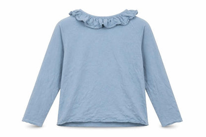 Front view of Zara girls’ blue polyester basic t-shirt, size 8, years round neck button