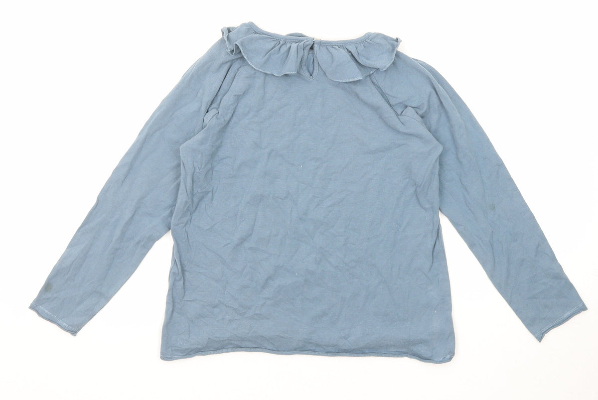 Back view of Zara girls’ blue polyester basic t-shirt, size 8, years round neck button
