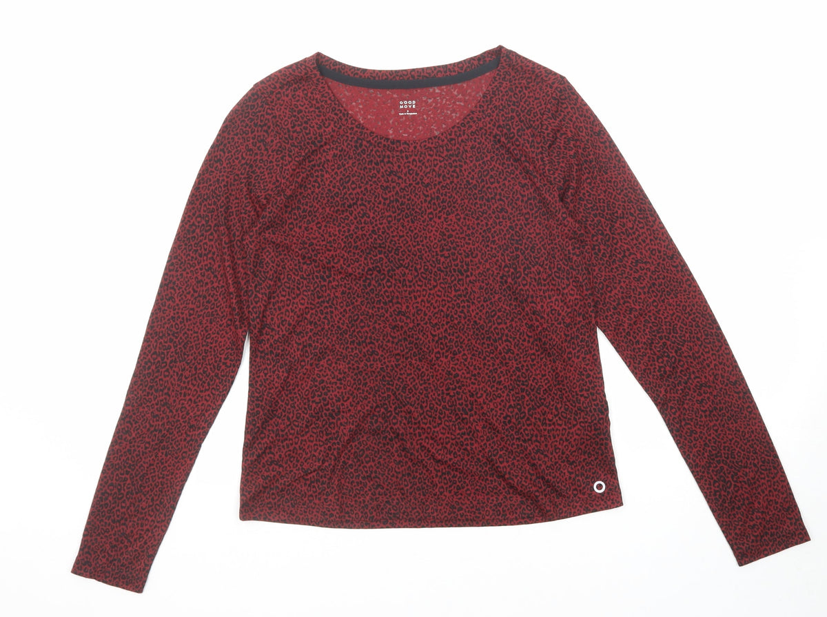 Goodmove Womens Red Animal Print Polyester Basic T-Shirt Size 8 Boat Neck Pullover - Leopard Print