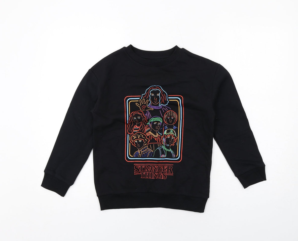 Front view of Stranger Things boys’ black cotton pullover sweatshirt, size 8-9, years pullover - stranger things