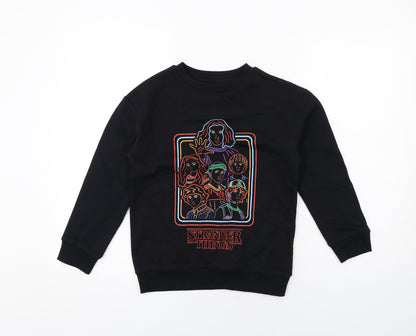 Front view of Stranger Things boys’ black cotton pullover sweatshirt, size 8-9, years pullover - stranger things