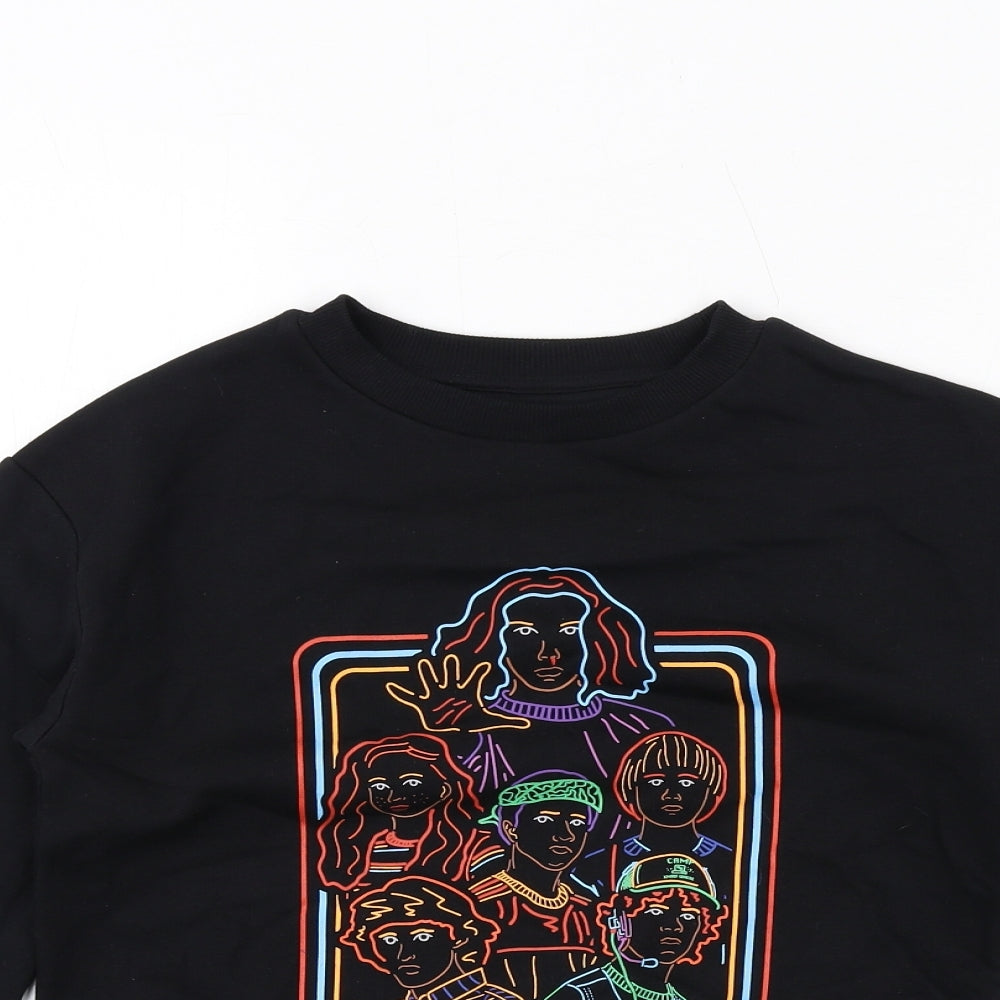 Close-up detail of Stranger Things boys’ black cotton pullover sweatshirt, size 8-9, years pullover - stranger things