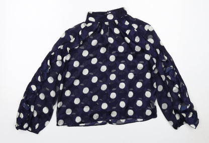 Zara Womens Blue Polka Dot Polyester Basic Blouse Size S Mock Neck